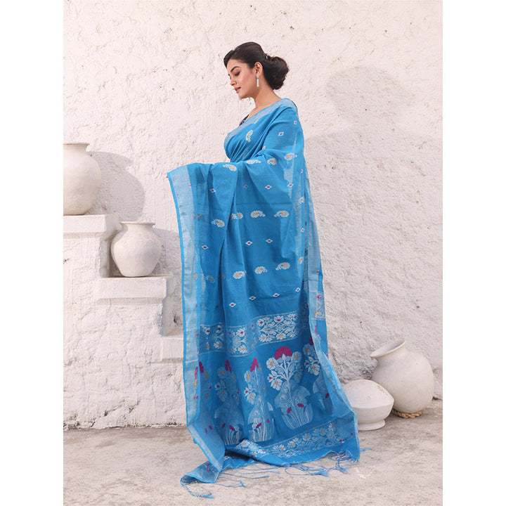 CHARUKRITI Sky Blue Cotton Saree With Woven Designs And Zari Border with Unstitched Blouse