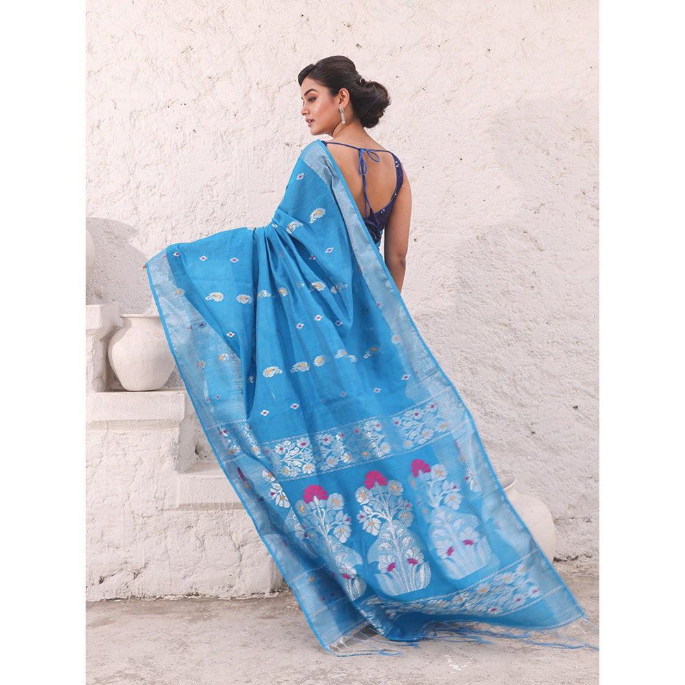 CHARUKRITI Sky Blue Cotton Saree With Woven Designs And Zari Border with Unstitched Blouse