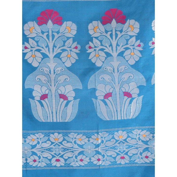 CHARUKRITI Sky Blue Cotton Saree With Woven Designs And Zari Border with Unstitched Blouse