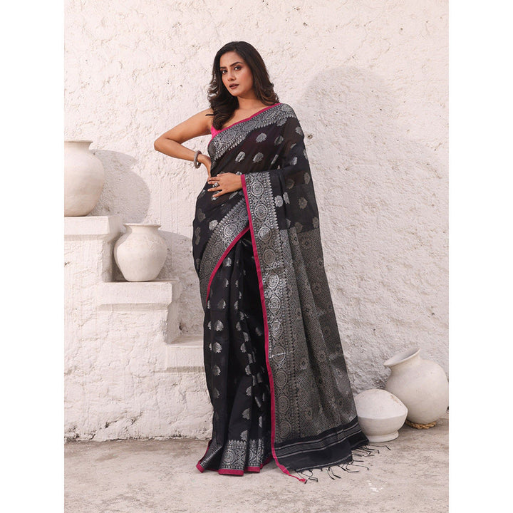 CHARUKRITI Black Cotton Damask Motifs Saree with Unstitched Blouse