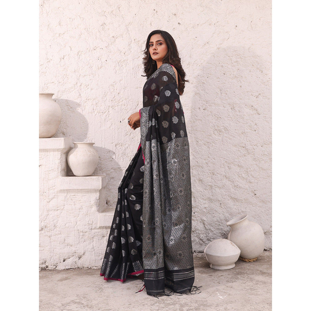 CHARUKRITI Black Cotton Damask Motifs Saree with Unstitched Blouse