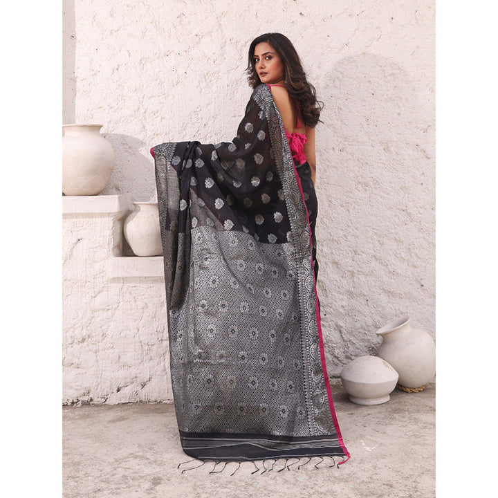 CHARUKRITI Black Cotton Damask Motifs Saree with Unstitched Blouse