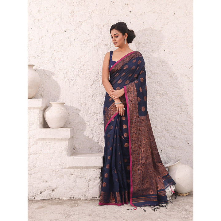 CHARUKRITI Navy Blue Cotton Damask Motifs Saree with Unstitched Blouse