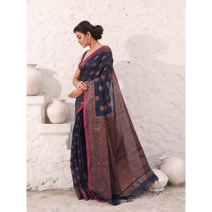 CHARUKRITI Navy Blue Cotton Damask Motifs Saree with Unstitched Blouse