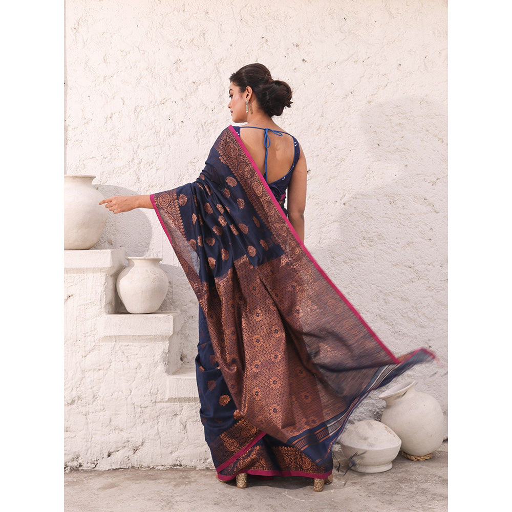 CHARUKRITI Navy Blue Cotton Damask Motifs Saree with Unstitched Blouse