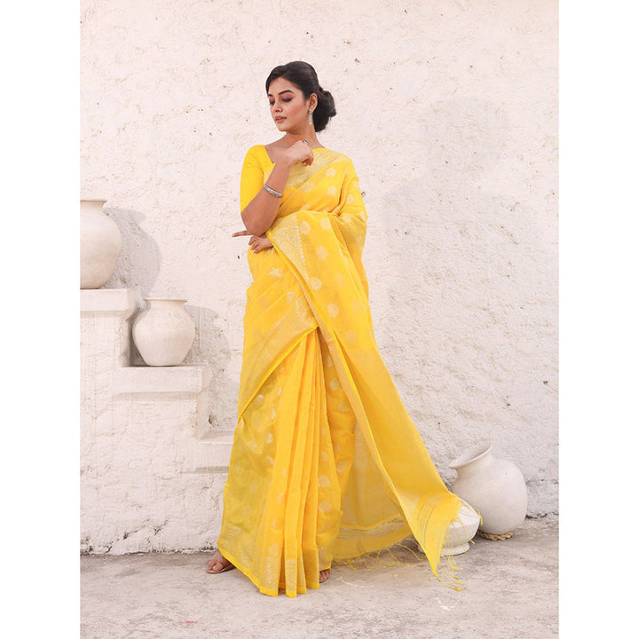 CHARUKRITI Yellow Cotton Damask Motifs Saree with Unstitched Blouse