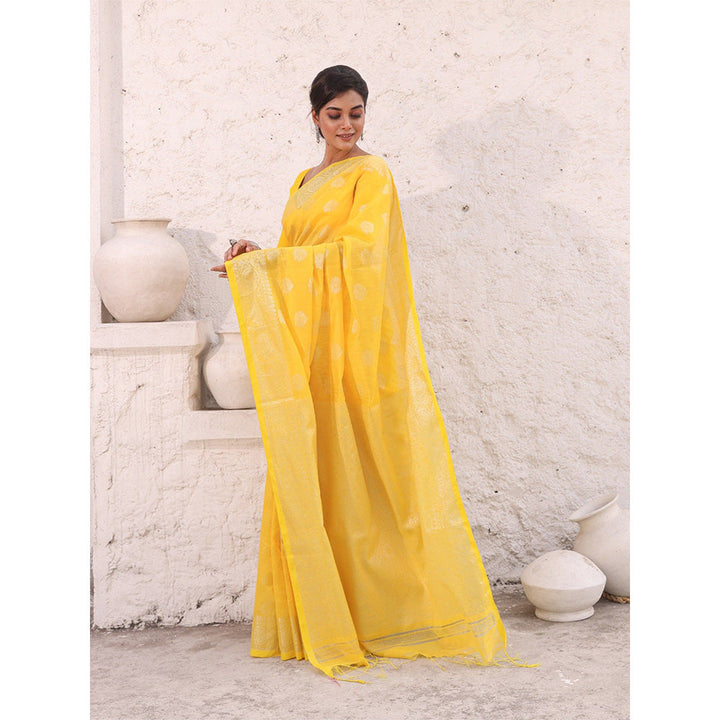 CHARUKRITI Yellow Cotton Damask Motifs Saree with Unstitched Blouse