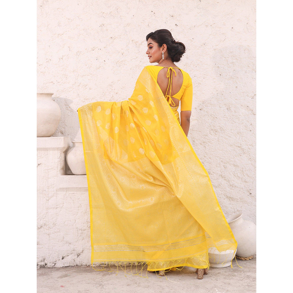 CHARUKRITI Yellow Cotton Damask Motifs Saree with Unstitched Blouse