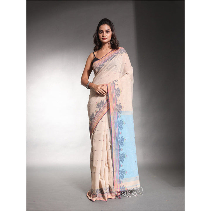 CHARUKRITI Ecru Beige Cotton Woven Designs Temple Border Soft Saree with Unstitched Blouse