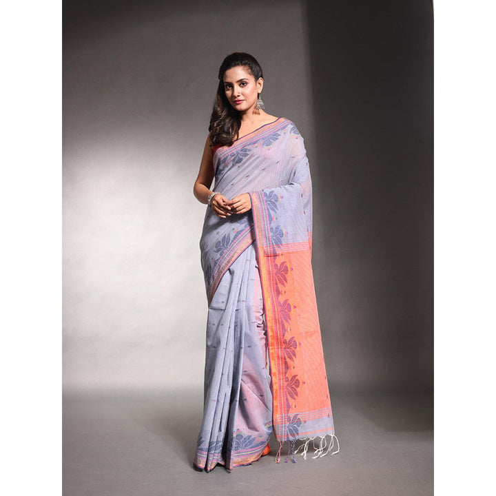 CHARUKRITI Grey Cotton Woven Designs Temple Border Soft Saree with Unstitched Blouse