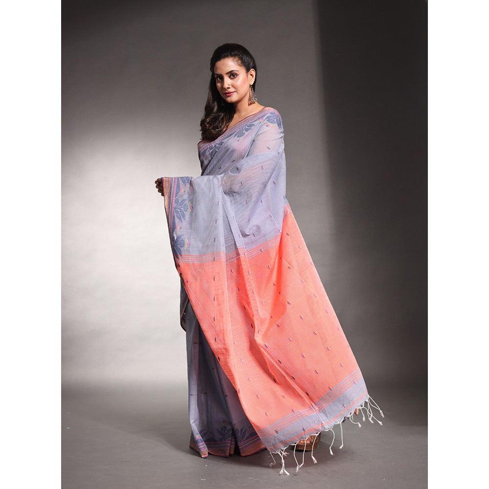 CHARUKRITI Grey Cotton Woven Designs Temple Border Soft Saree with Unstitched Blouse