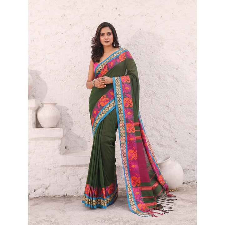 CHARUKRITI Pine Green Pure Cotton Solid Soft Saree with Unstitched Blouse