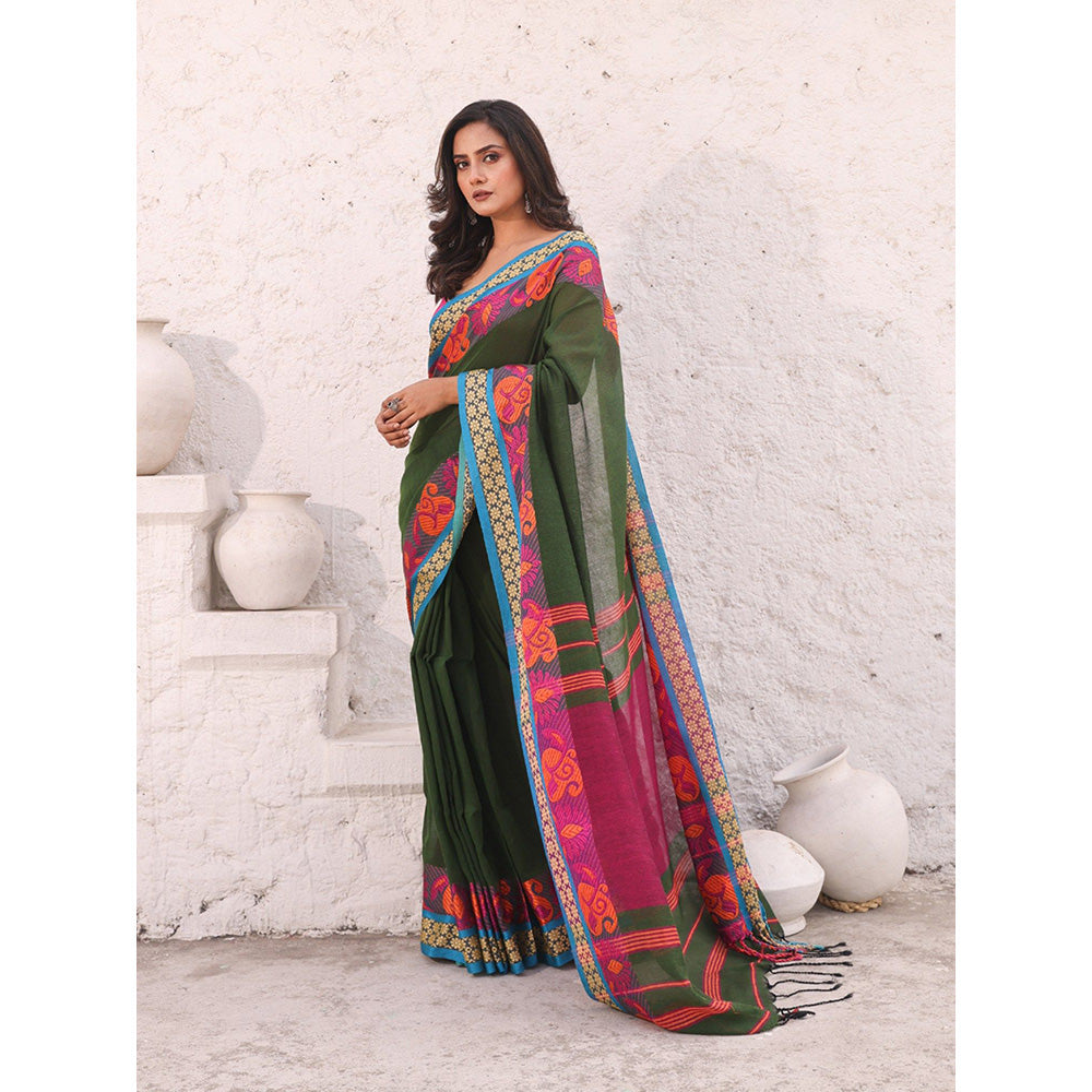 CHARUKRITI Pine Green Pure Cotton Solid Soft Saree with Unstitched Blouse