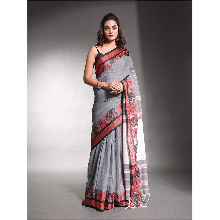 CHARUKRITI Grey Pure Cotton Solid Soft Saree with Unstitched Blouse