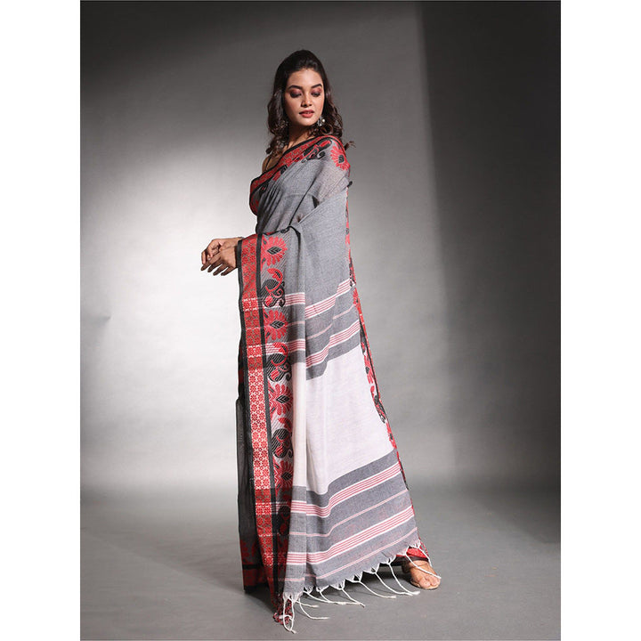 CHARUKRITI Grey Pure Cotton Solid Soft Saree with Unstitched Blouse