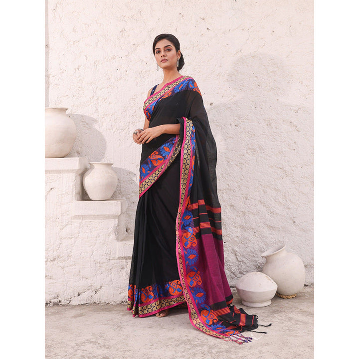 CHARUKRITI Black Pure Cotton Solid Soft Saree with Unstitched Blouse