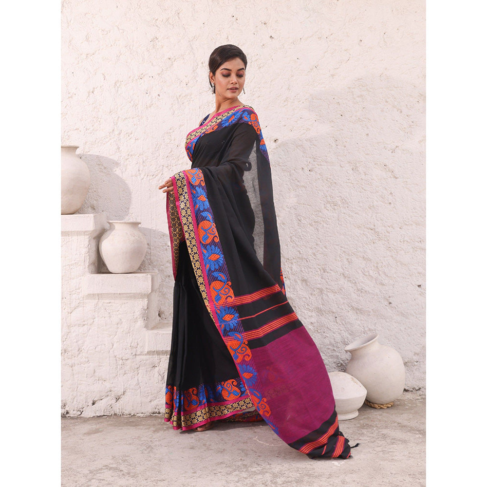 CHARUKRITI Black Pure Cotton Solid Soft Saree with Unstitched Blouse