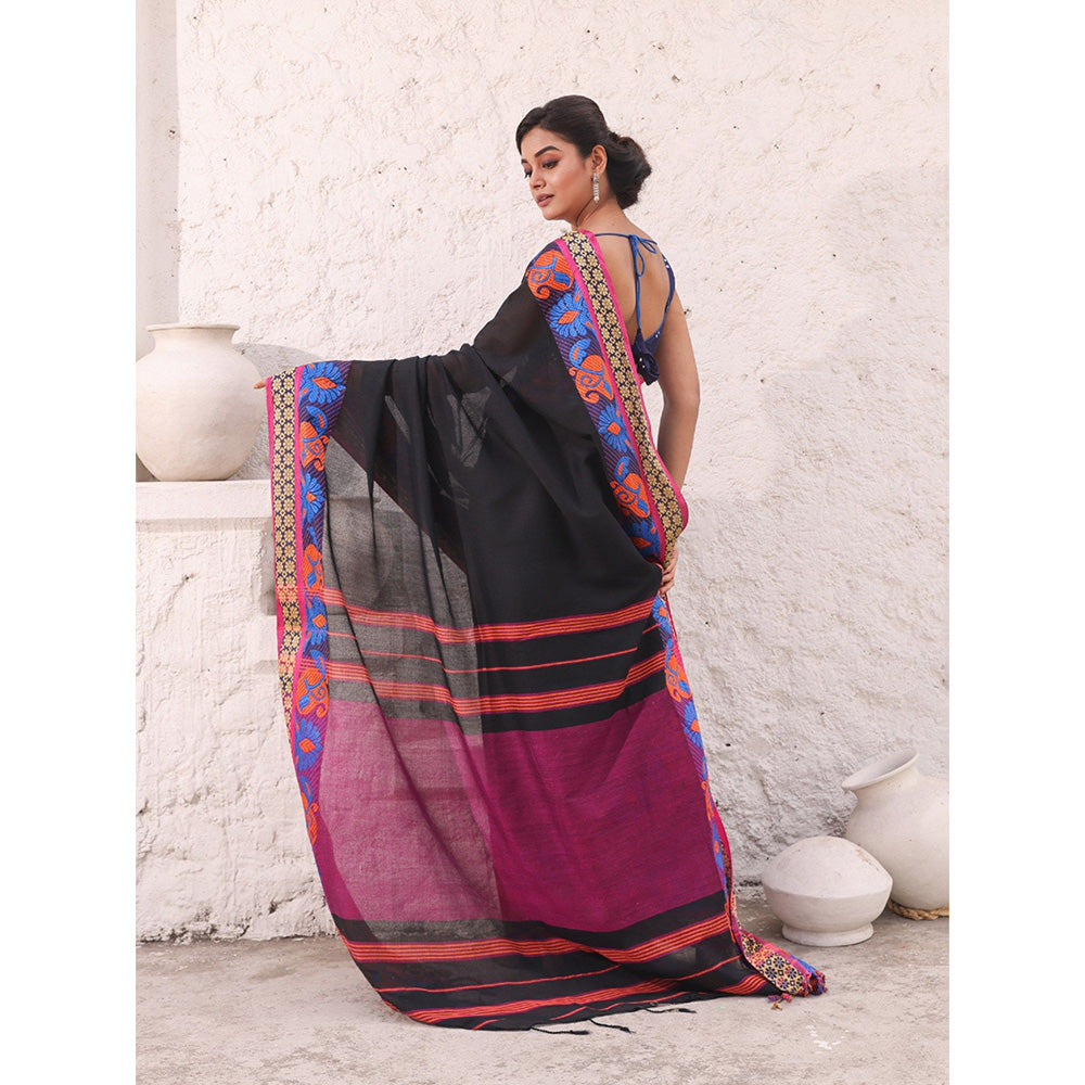 CHARUKRITI Black Pure Cotton Solid Soft Saree with Unstitched Blouse