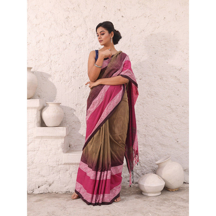 CHARUKRITI Beige Pure Cotton Solid Ikkat Saree with Unstitched Blouse