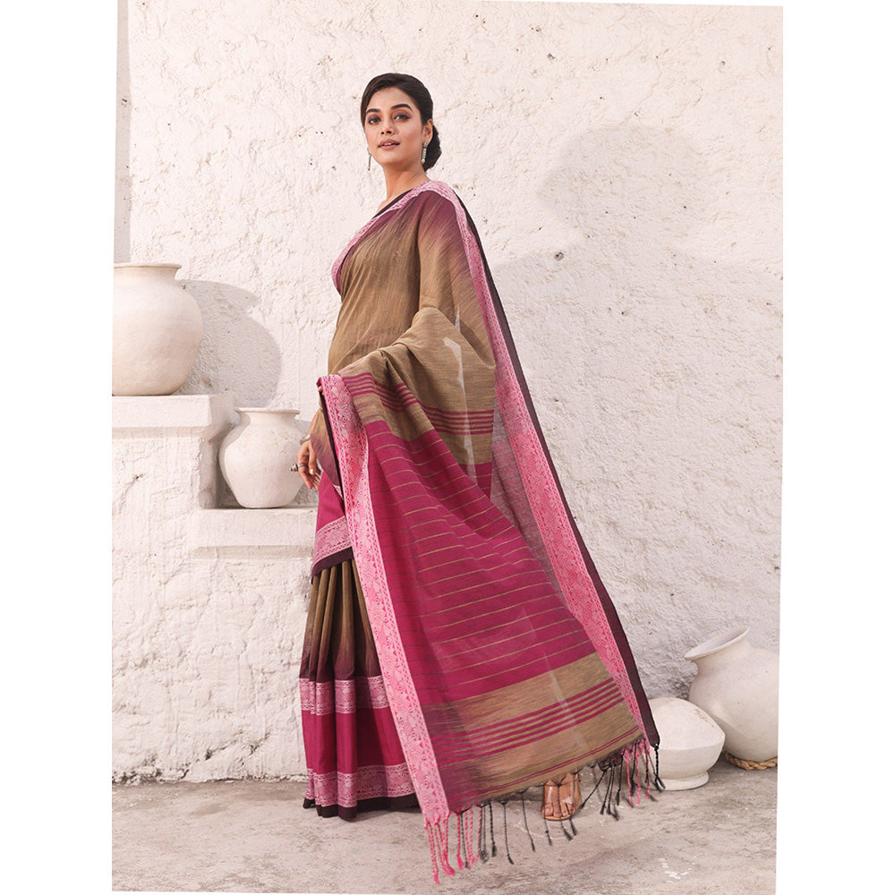 CHARUKRITI Beige Pure Cotton Solid Ikkat Saree with Unstitched Blouse