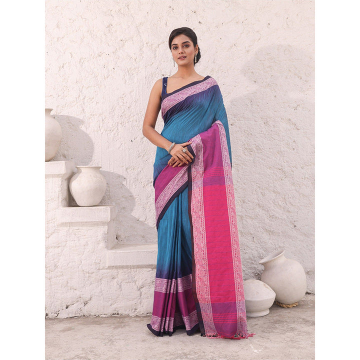 CHARUKRITI Teal Pure Cotton Solid Ikkat Saree with Unstitched Blouse