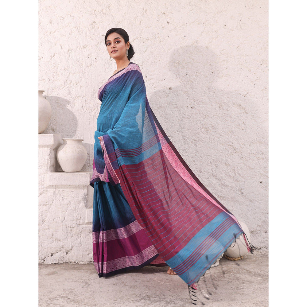 CHARUKRITI Teal Pure Cotton Solid Ikkat Saree with Unstitched Blouse