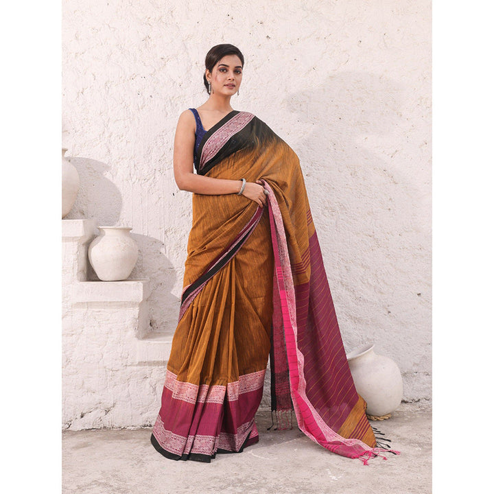 CHARUKRITI Mustard Pure Cotton Solid Ikkat Saree with Unstitched Blouse