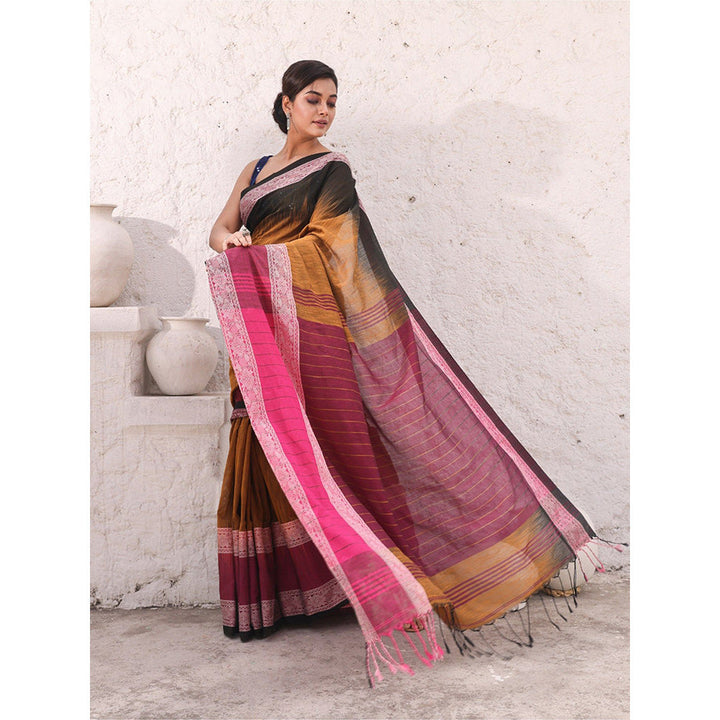 CHARUKRITI Mustard Pure Cotton Solid Ikkat Saree with Unstitched Blouse