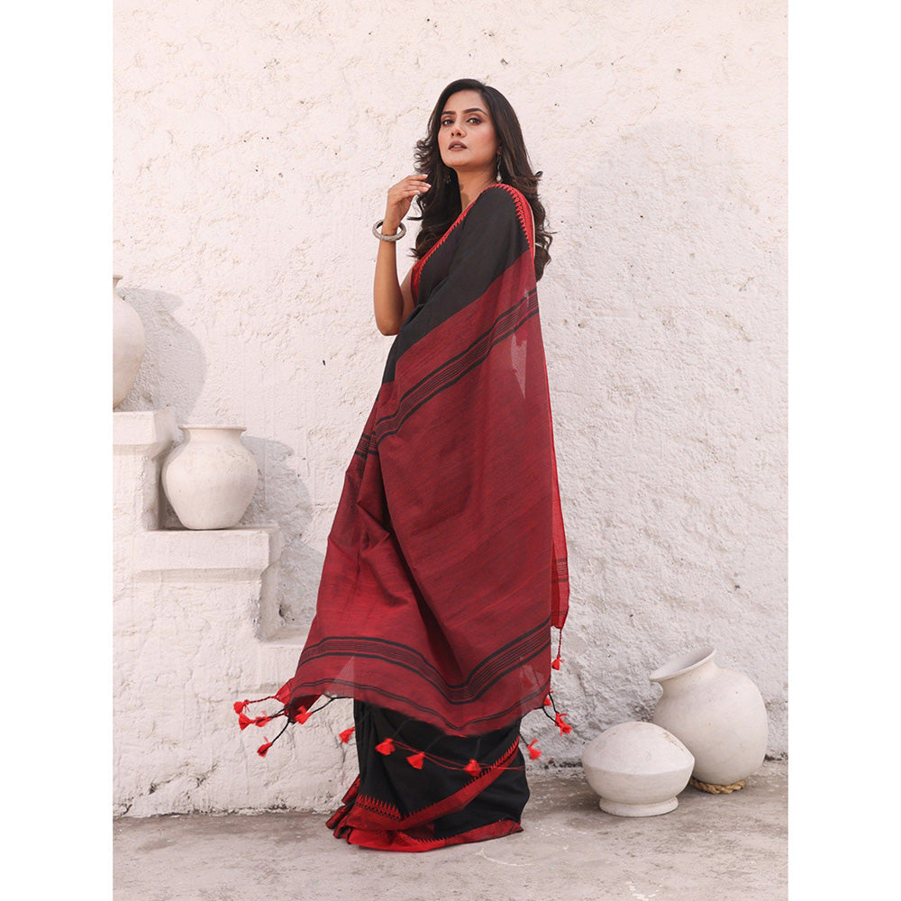 CHARUKRITI Black Pure Cotton Temple Border Saree with Unstitched Blouse