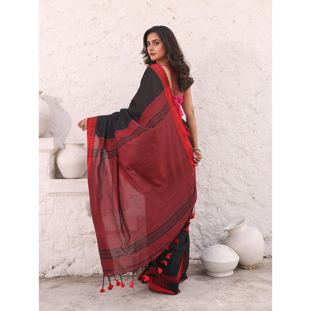 CHARUKRITI Black Pure Cotton Temple Border Saree with Unstitched Blouse