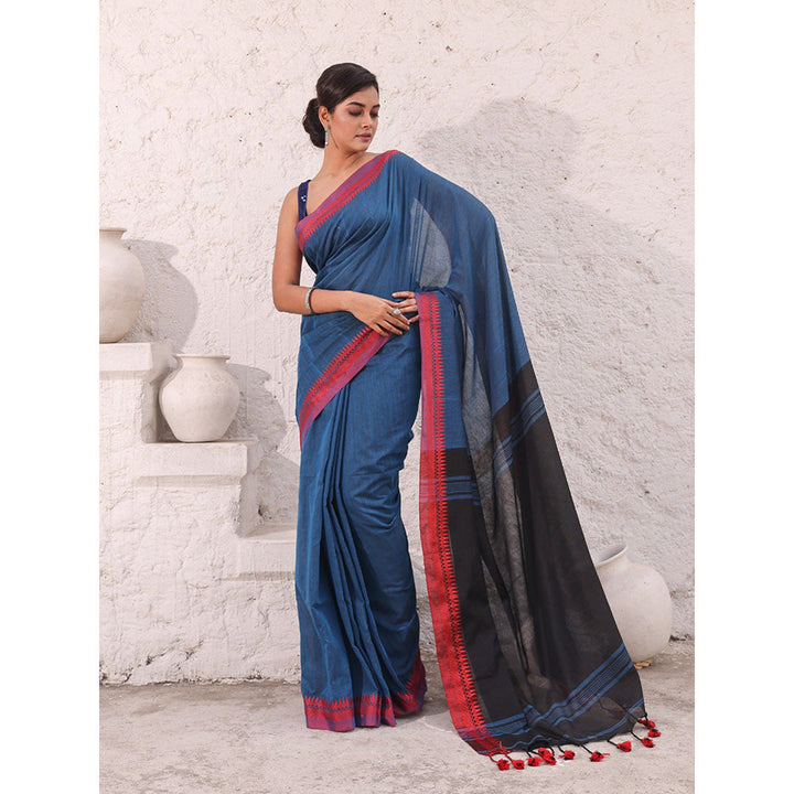 CHARUKRITI Teal Blue Pure Cotton Temple Border Saree with Unstitched Blouse