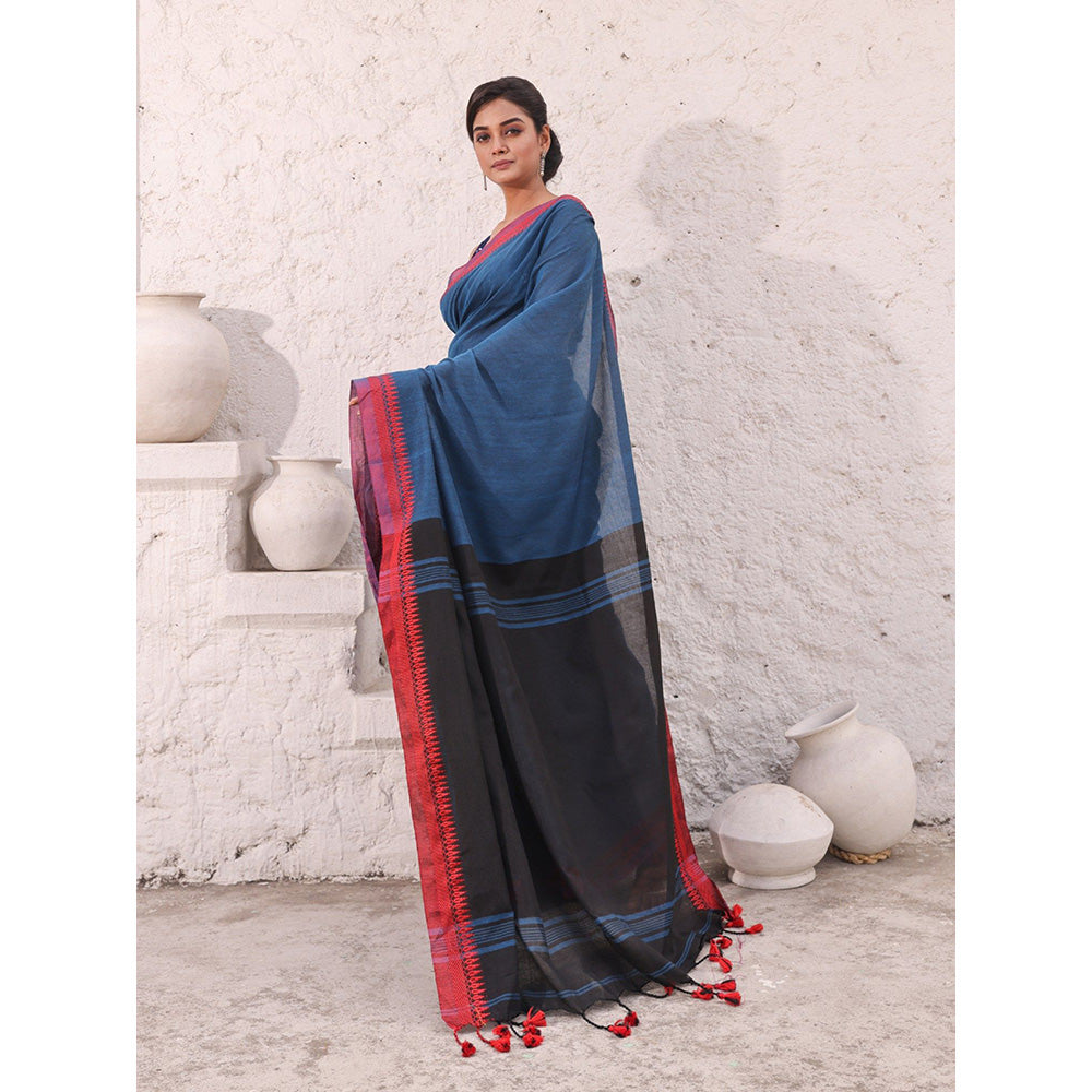 CHARUKRITI Teal Blue Pure Cotton Temple Border Saree with Unstitched Blouse