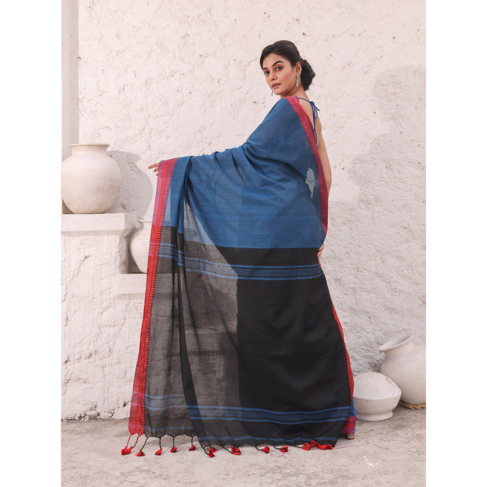 CHARUKRITI Teal Blue Pure Cotton Temple Border Saree with Unstitched Blouse