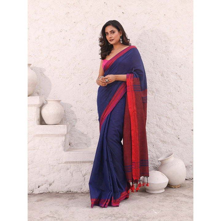 CHARUKRITI Blue Pure Cotton Temple Border Saree with Unstitched Blouse