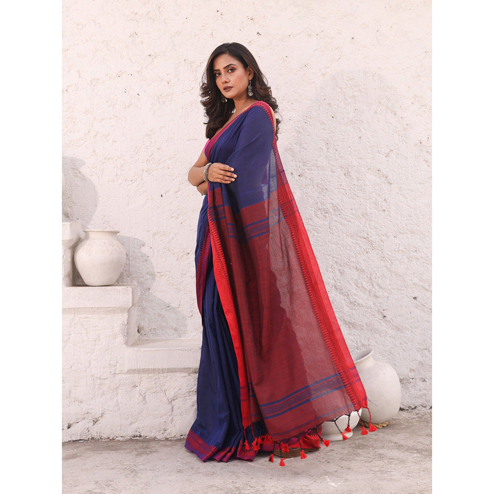 CHARUKRITI Blue Pure Cotton Temple Border Saree with Unstitched Blouse