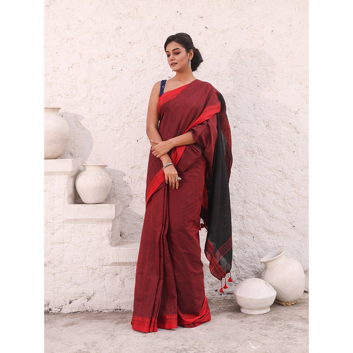 CHARUKRITI Red Pure Cotton Temple Border Saree with Unstitched Blouse