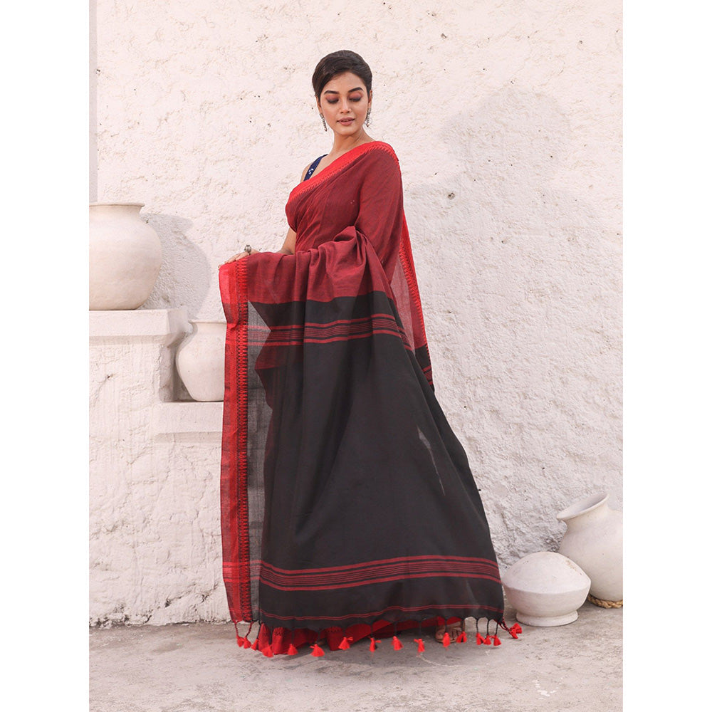 CHARUKRITI Red Pure Cotton Temple Border Saree with Unstitched Blouse