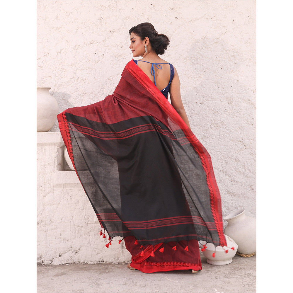 CHARUKRITI Red Pure Cotton Temple Border Saree with Unstitched Blouse