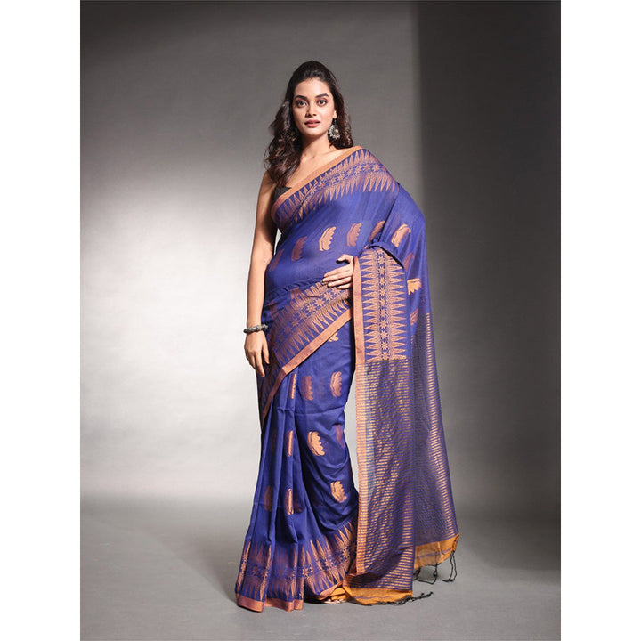 CHARUKRITI Blue Pure Cotton Temple Border Saree with Unstitched Blouse