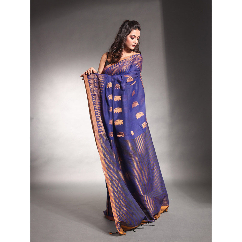 CHARUKRITI Blue Pure Cotton Temple Border Saree with Unstitched Blouse