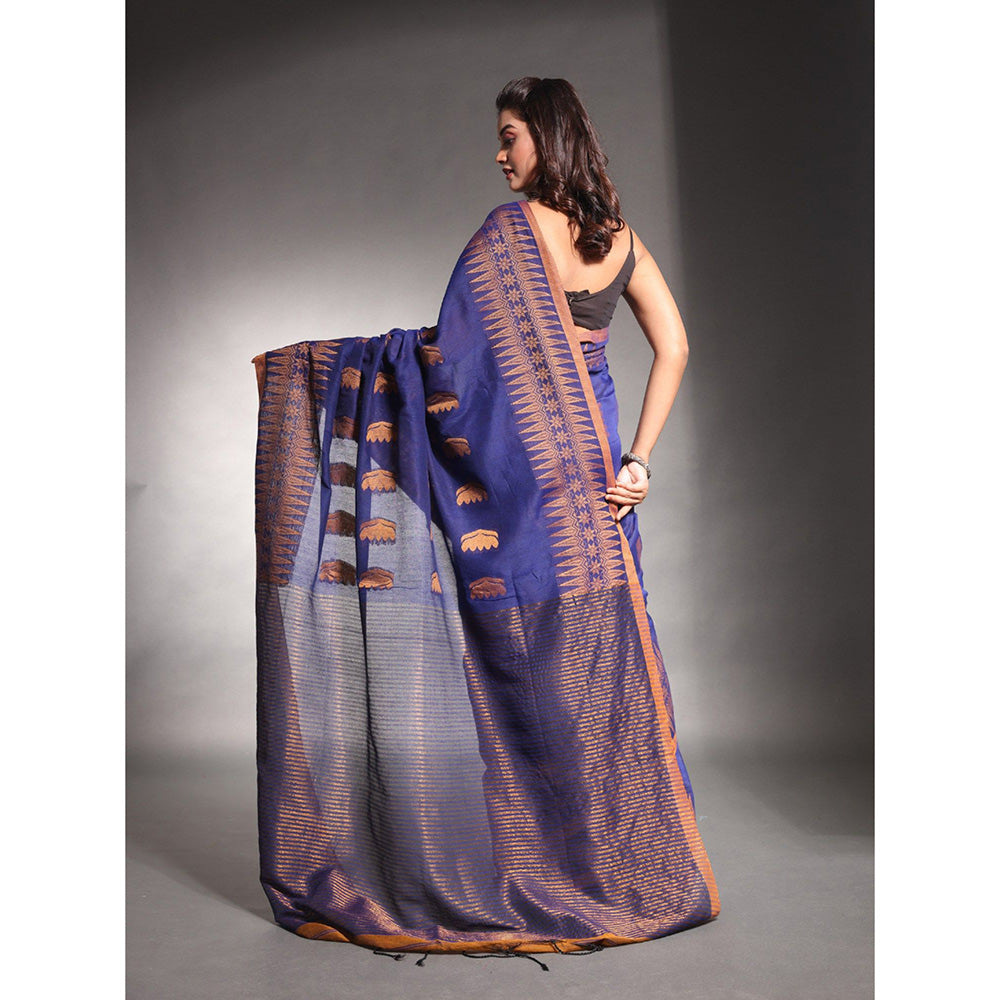 CHARUKRITI Blue Pure Cotton Temple Border Saree with Unstitched Blouse