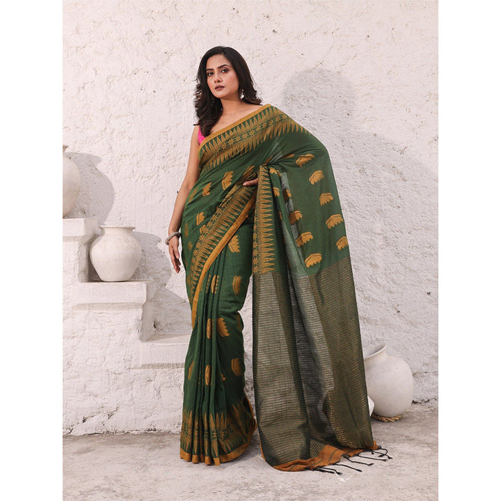 CHARUKRITI Green Pure Cotton Temple Border Saree with Unstitched Blouse