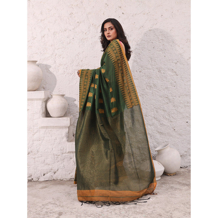 CHARUKRITI Green Pure Cotton Temple Border Saree with Unstitched Blouse