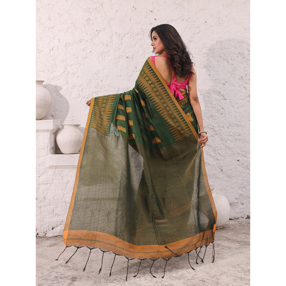 CHARUKRITI Green Pure Cotton Temple Border Saree with Unstitched Blouse