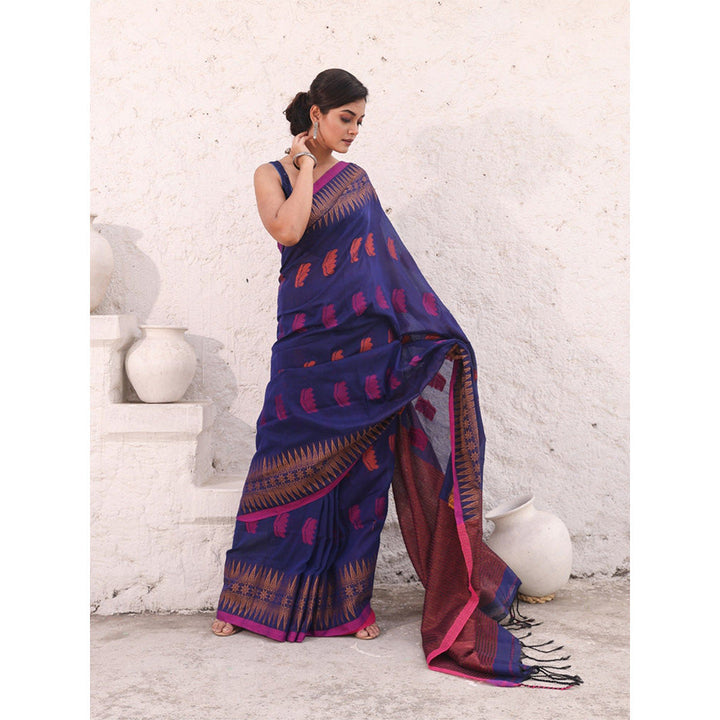 CHARUKRITI Blue Pure Cotton Temple Border Saree with Unstitched Blouse