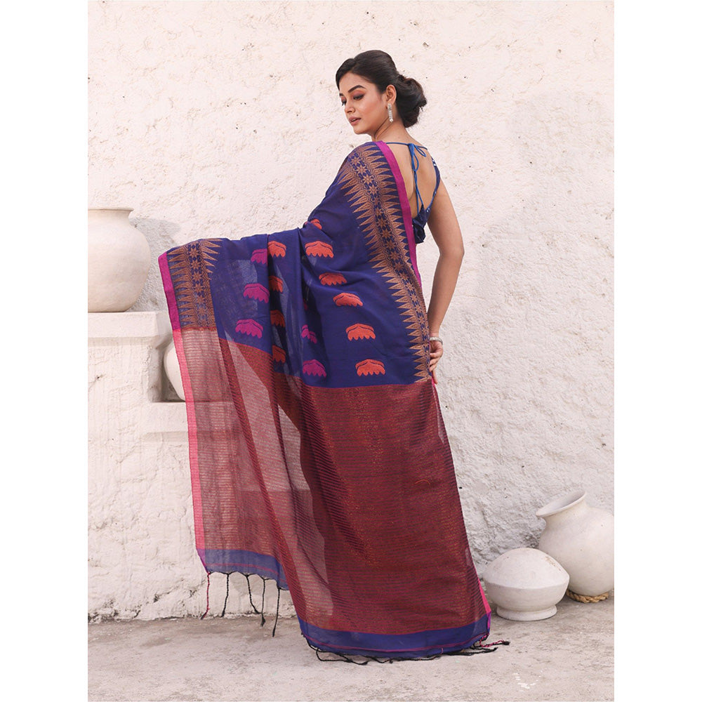 CHARUKRITI Blue Pure Cotton Temple Border Saree with Unstitched Blouse