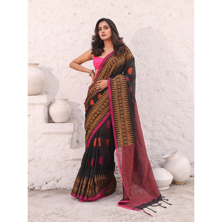 CHARUKRITI Black Pure Cotton Temple Border Saree with Unstitched Blouse