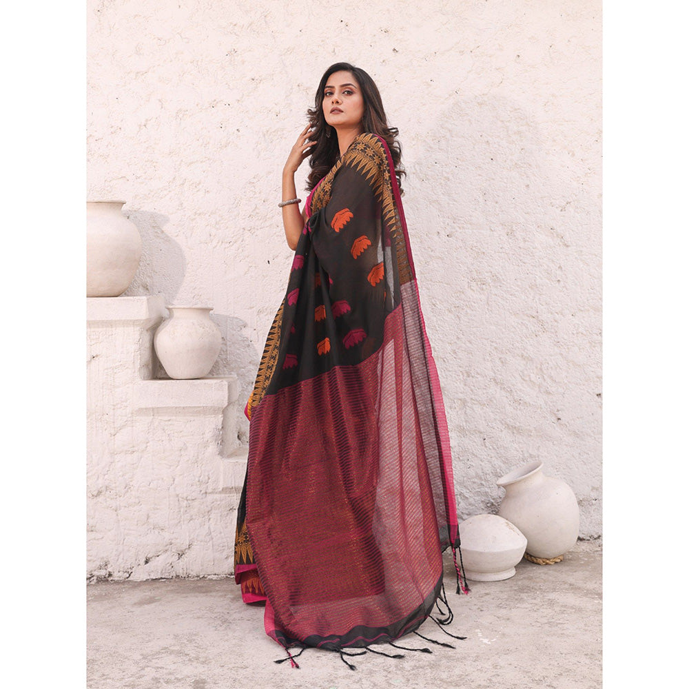 CHARUKRITI Black Pure Cotton Temple Border Saree with Unstitched Blouse