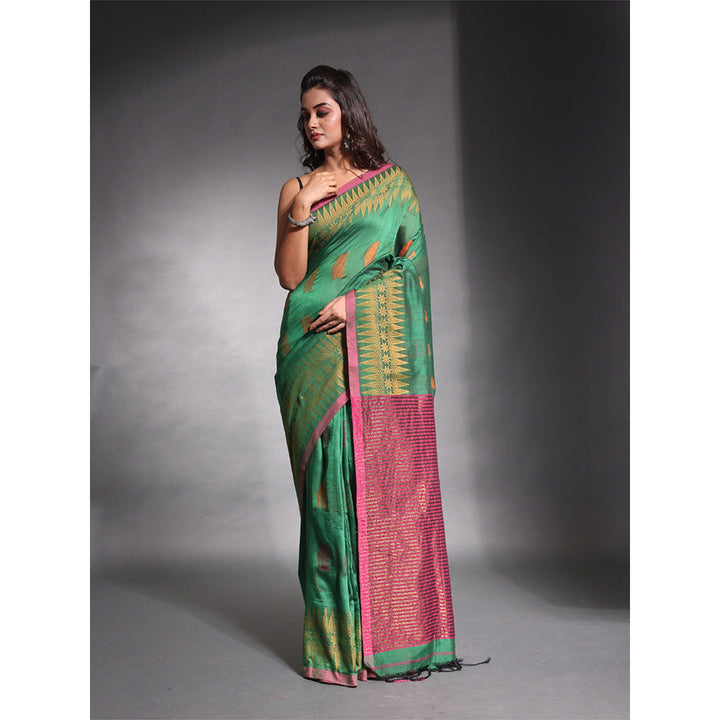 CHARUKRITI Green Pure Cotton Temple Border Saree with Unstitched Blouse