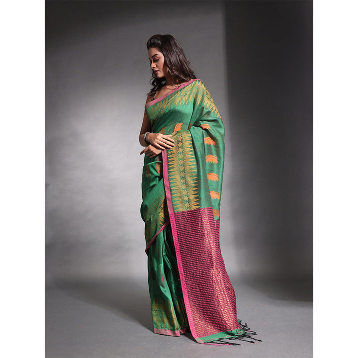 CHARUKRITI Green Pure Cotton Temple Border Saree with Unstitched Blouse